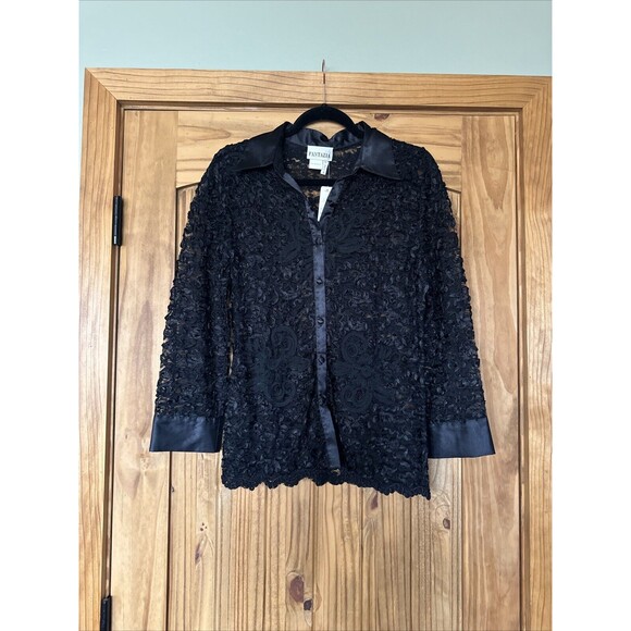 Fantazia Black Floral Sheer Lace Size M Artsy Y2K Elegant Whimsigoth Floral - Picture 1 of 12